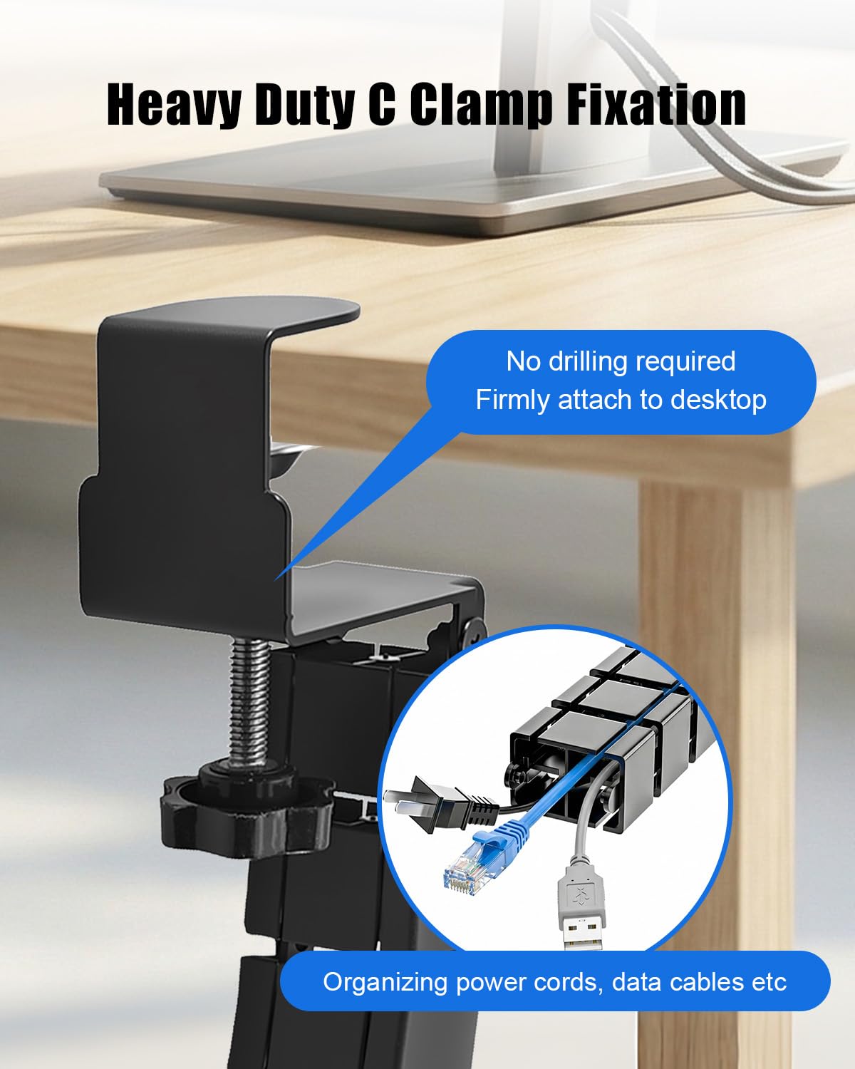 Desk Vertebrae Cable Management Kit, Adjustable Quad Entry Flexible Cord Organizer for Sit Stand Desk, No Drill Clamp-On Under Desk Modular Cable Control with Steel Base