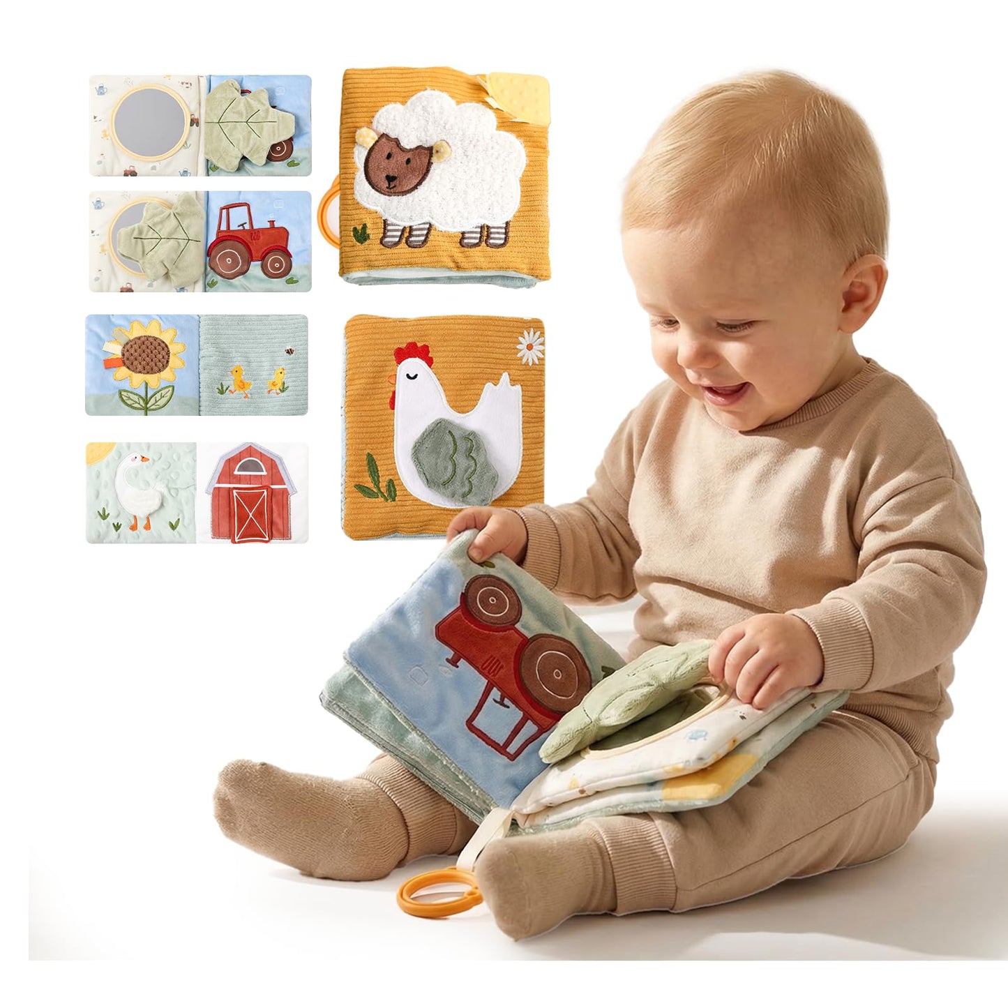 let's make Interactive Soft Baby Book for Babies 0-12 Months, Farm Story Sensory Cloth Book with Teether & Mirror, Newborn Tummy Time Activity Toy, Crinkle Stroller Toy for Infants