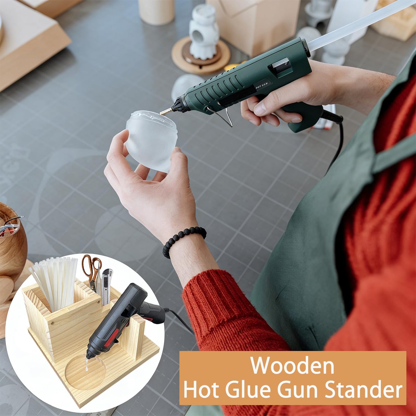 Kyuwdone Wooden Mini Hot Glue Gun Holder with Glue Stick Organizer, Hot Melt Gun Kit Storage Compartments, for DIY, Crafts, Home School Project KW009-Plus