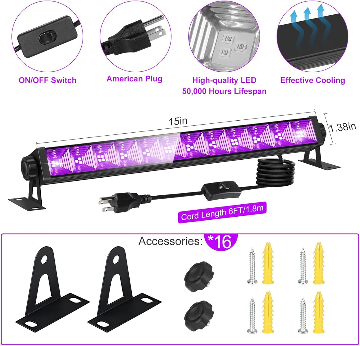 16 Pack 40W LED Black Light Bar, Black Lights Light Up 8000ft² with Switch+Plug+6ft Cord, for Glow Party Supply, Halloween, Bedroom, Body Paint, Fluorescent Party