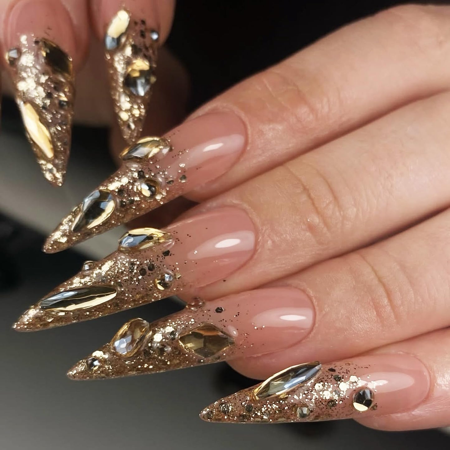 IMSOHOT Golden Press on Nails Long Stiletto Fake Nails Rhinestone & Glitter Full Cover Glue on Nails Glossy Acrylic Luxury Bling False Nails Handmade Artificial Stick on Fingernails