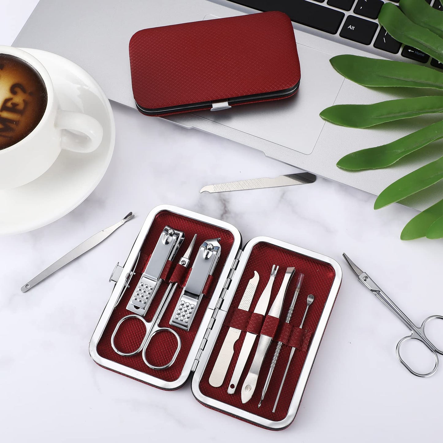 Lasnten 24 Set Valentine Manicure Set Bulk Nail Clippers Grooming Nail Kit Stainless Steel Professional Pedicure Tools Kit with Travel Case for Men Women Valentine's Day Gift(8 in 1,Red, Silver)