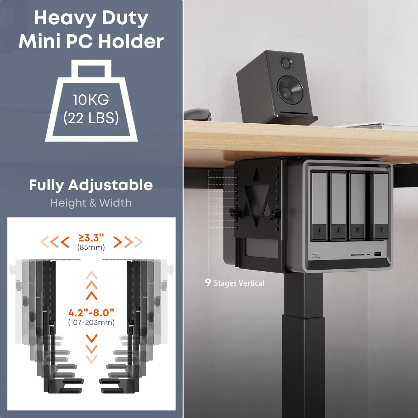 PUTORSEN Under Desk Mini PC Mount NAS Mount Bracket Holder, Height and Width Adjustable CPU Holder for Mac mini Desktop Computer, Mini PC, Small Form Factor Desktop Tower