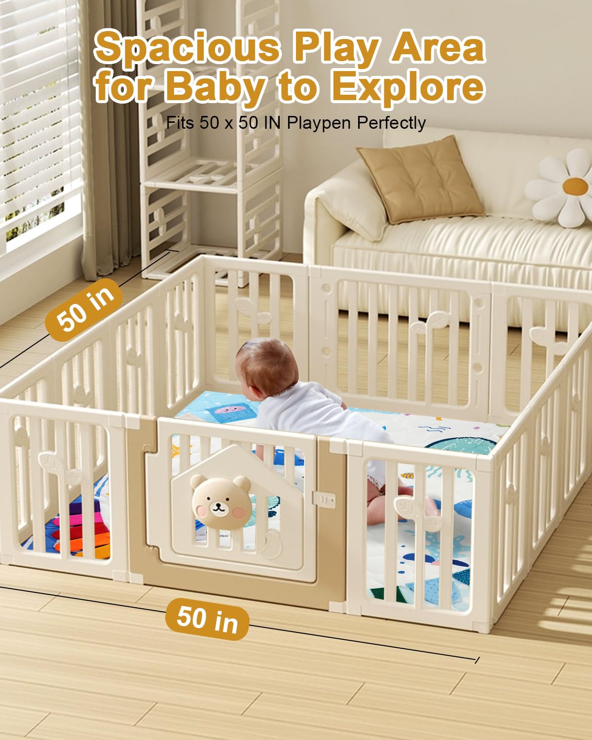 TINYHARBO Premium Foam Baby Play Mat 50x50, 4 Developmental Zones Play Mat with Removable & Machine Washable Cover, Extra Thick Padding Playpen Mat, Easy to Clean for Infants, Toddlers & Babies