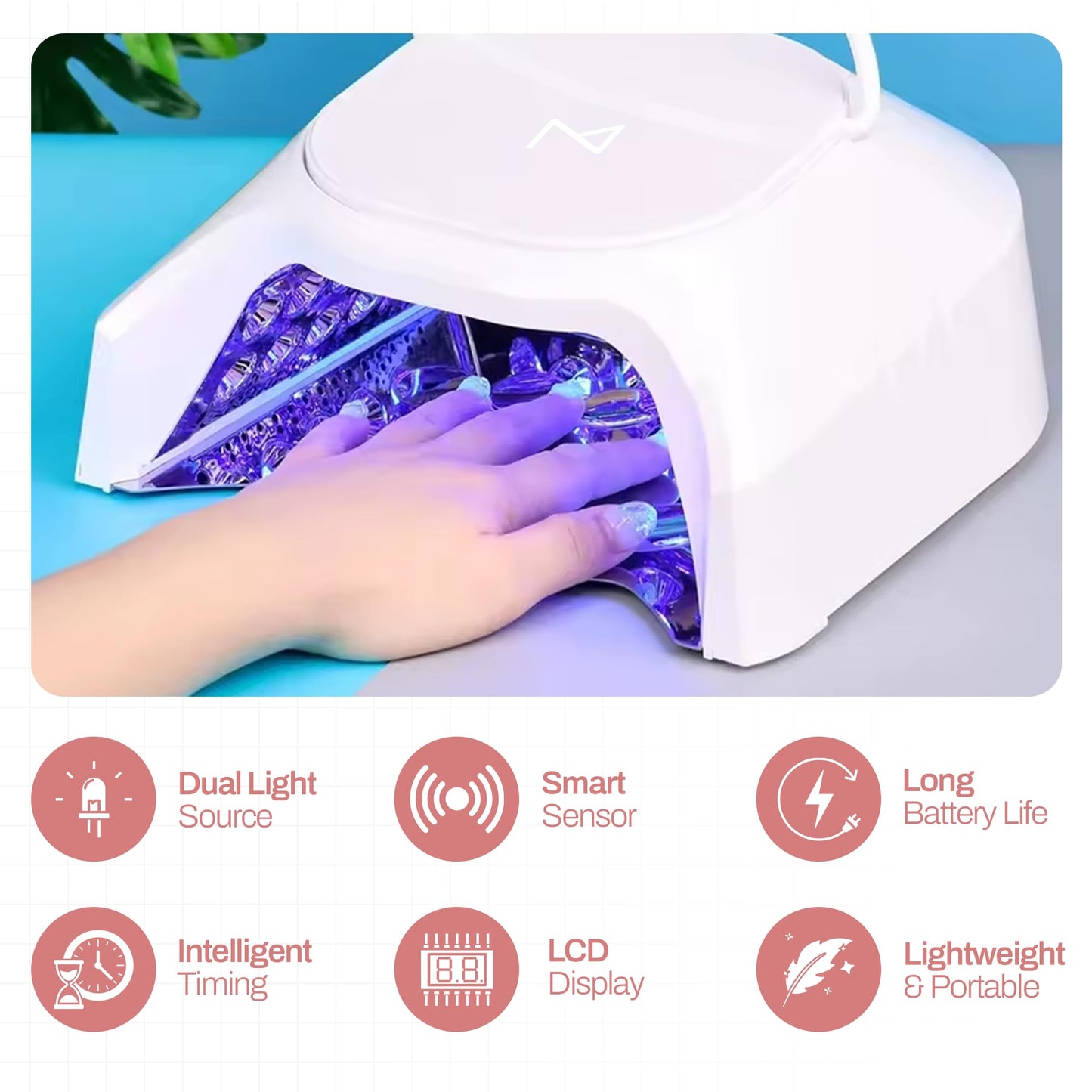 M - GlowPro Professional Hybrid 86W Wireless Rechargeable UV LED Nail Curing Lamp Cordless Nail Dryer for Gel Nails, Manicure, Pedicure (Pink)