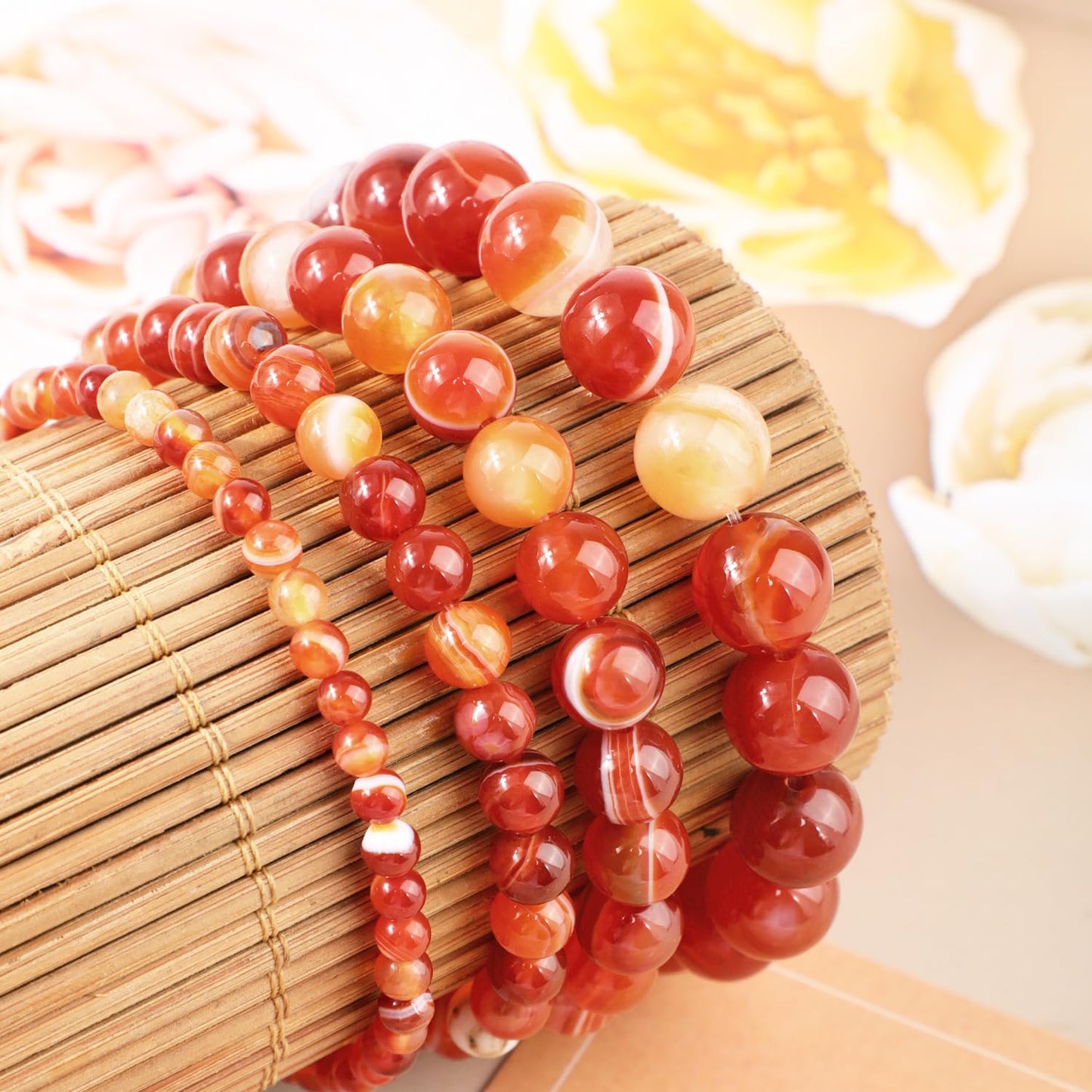 AD Beads 4mm Handmade Red Stripe Agate Elastic Bracelet – Natural Gemstone for Confidence – Meditation, Yoga, Healing and Energy Gift for Men Women