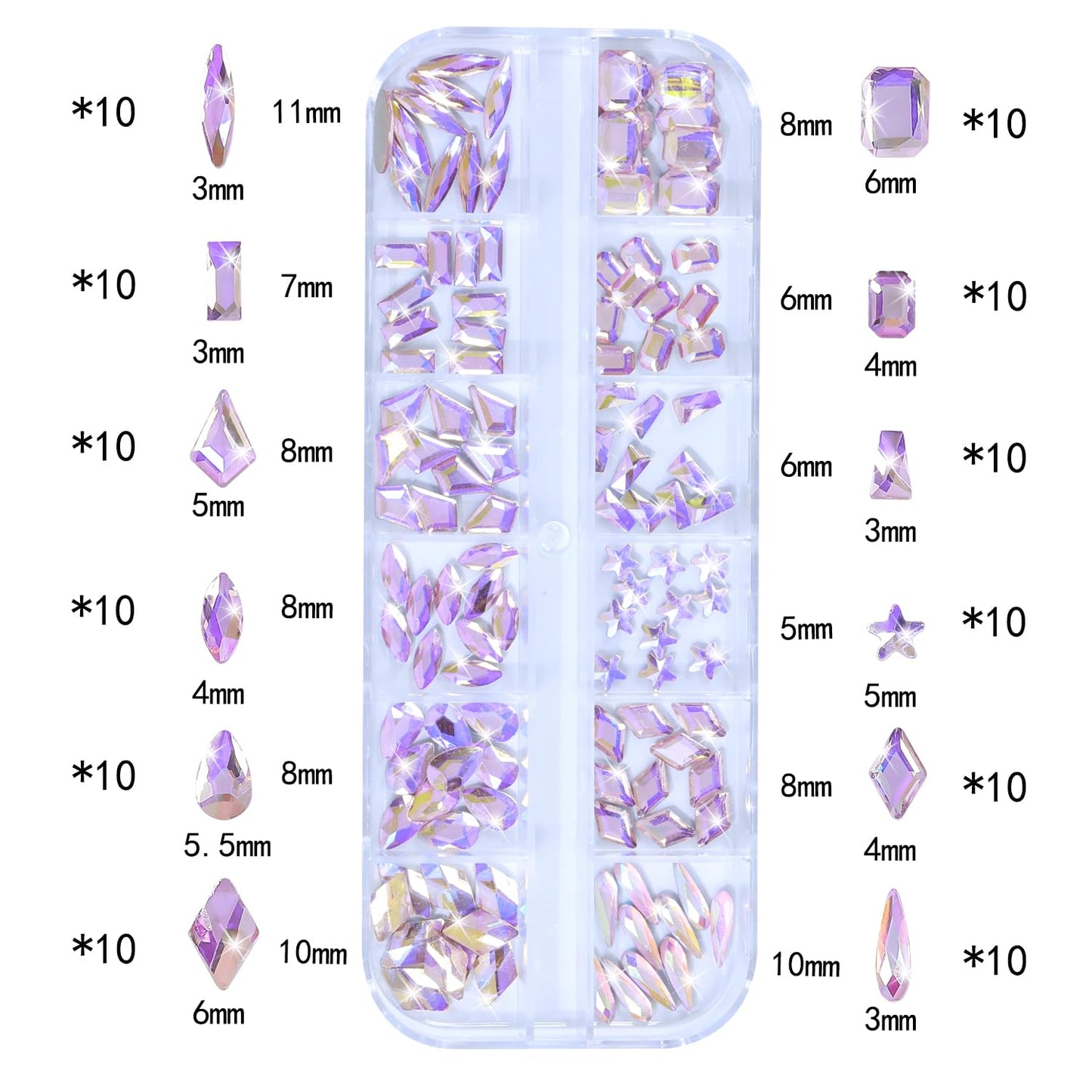 HNUIX Nail Rhinestones - 1600pcs 3D Multi Shape Size Crystal, Pink AB Nail Gems, Flat Back, with Kit, for Nail Art, DIY Decorations