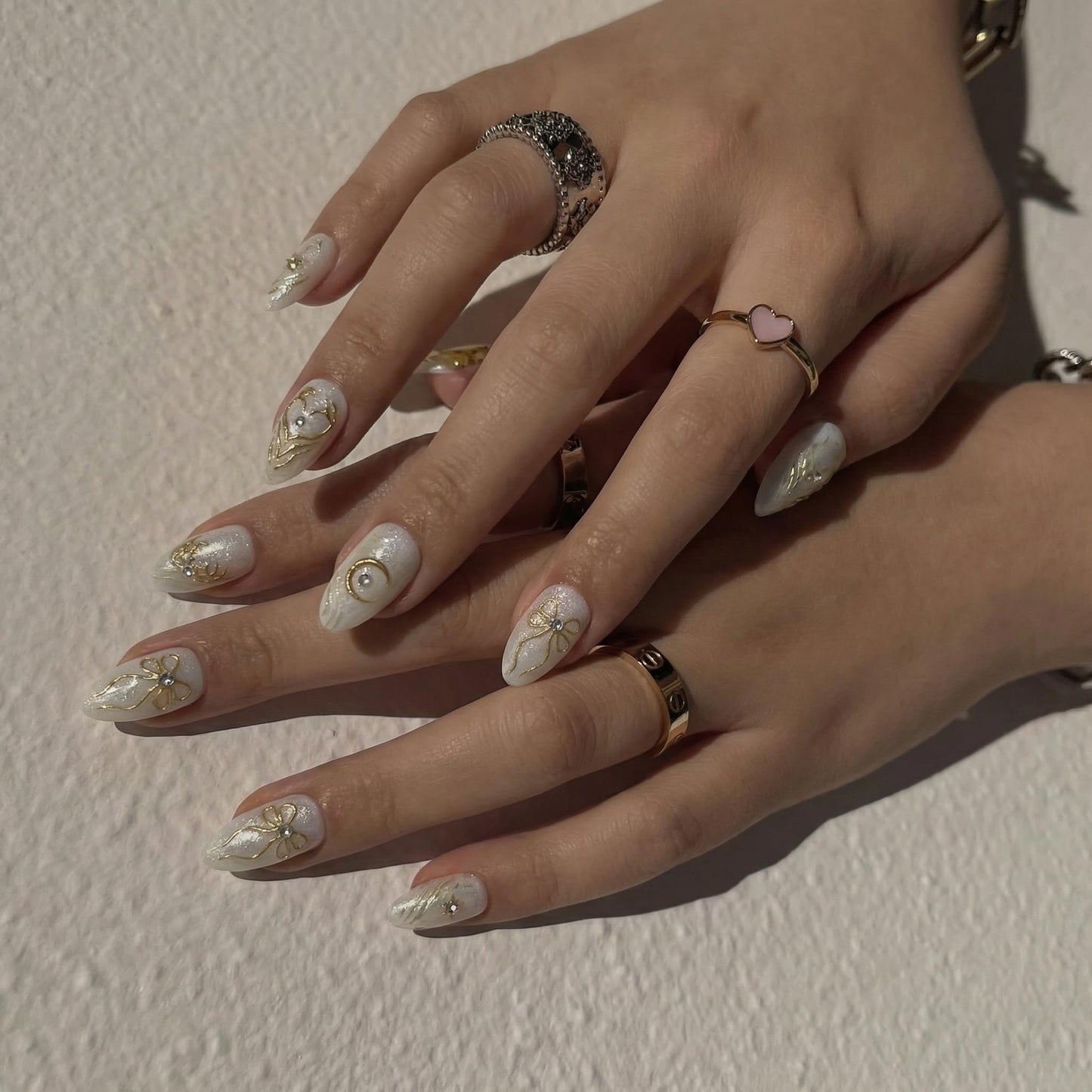 IMRAIN Handmade Press on Nails - Milky White Jelly with Gold Foil Luxury Art - 10Pcs Almond Shape Simple Elegant Minimalist Marbling Nails(m)