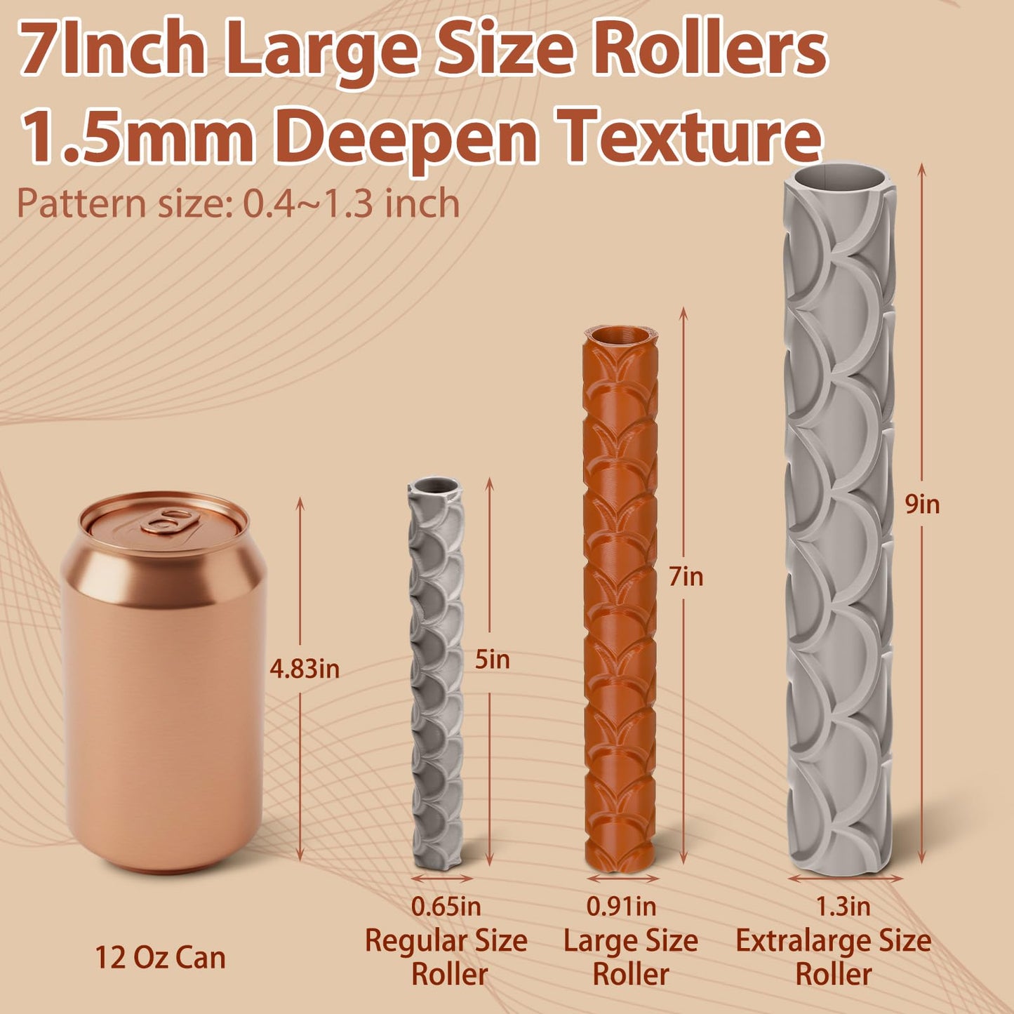 Leriton 10 Pcs Clay Texture Rollers Set, 3D-Printed Clay Pottery Tools 7 in x 0.91 in for Miniatures, Tabletop, Pottery, DIY Crafting, Jewelry Crafting
