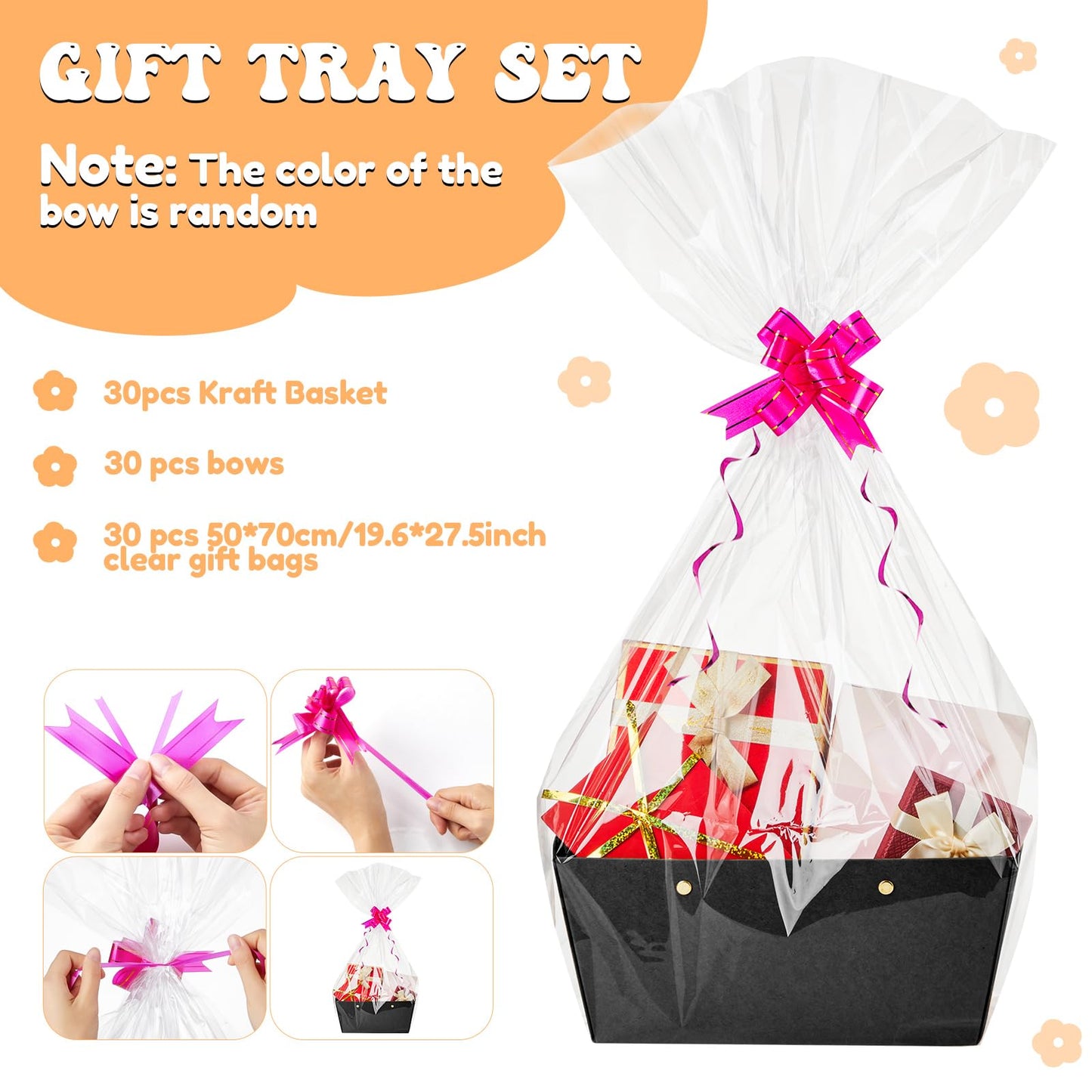 Tuanse 30 Pcs Basket for Gift Empty DIY Bulk Gift Basket Kit with Handle Kraft Cardboard Tray with 30 Bag 30 Bow Market Tray for Wedding Party(Black,12.6 x 9.8 x 5.9 in)