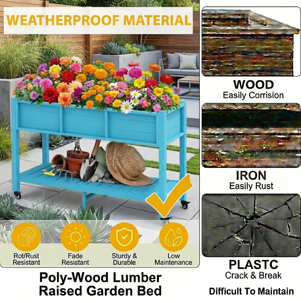 DWVO 47x18x31in Raised Garden Bed HDPE, Weather-Resistant Poly Wood Planter Box Stand, Planter Box with Legs, Storage Shelf & Lockable Wheels, Elevated Garden Bed for Backyard Patio - Aruba Blue