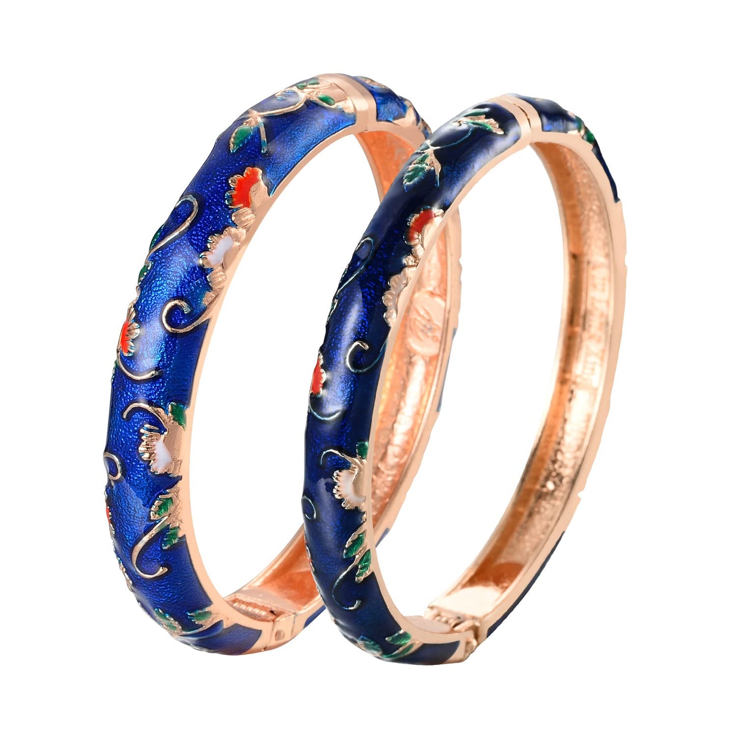 UJOY Handcrafted Cloisonne Bangle Bracelets Butterfly Enamel Metal Handcuff Jewelry Set Box Gift for Women 55A108-55B30 Navy Blue