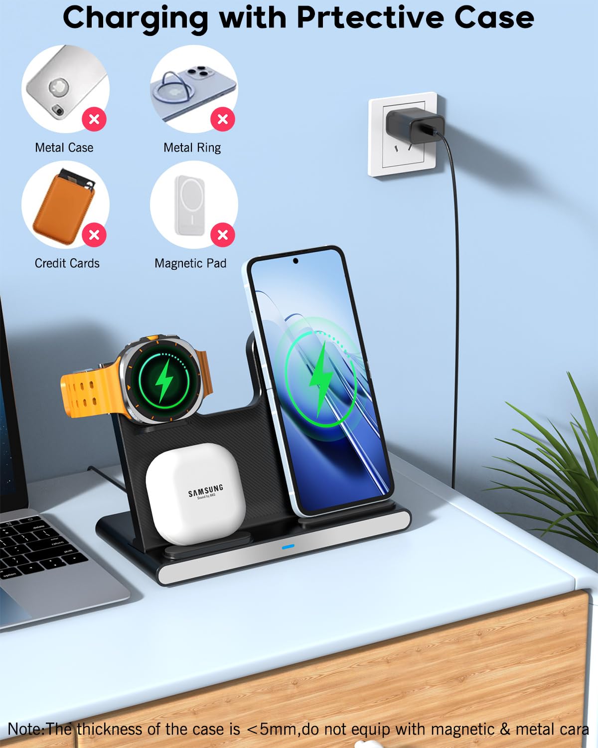 3 in 1 Wireless Charger Fast Charging Stand for Samsung, 15W Foldable Phone Charger Stand Android Charging Station for Samsung Galaxy S25/S24/S23 Ultra,Z Flip 6/Flip 7,Z Fold 6/Fold 7,iPhone 17/16/15