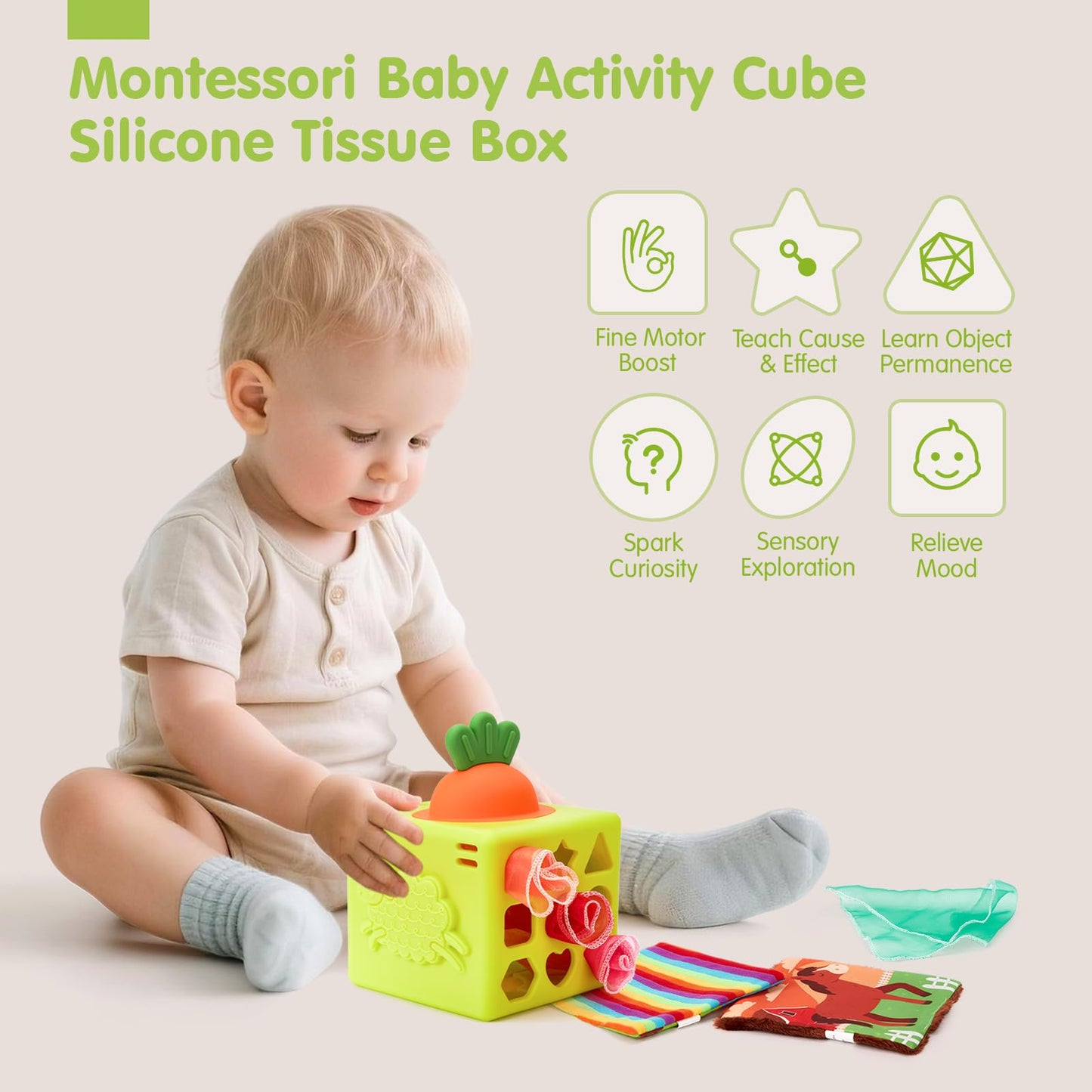 hahaland Montessori Baby Toys Bundle for 6–18 Months – Silicone Activity Tissue Box Cube & Plush Garden Stacking Toy, Fine Motor, Sensory & Early Learning Gifts for Boys & Girls