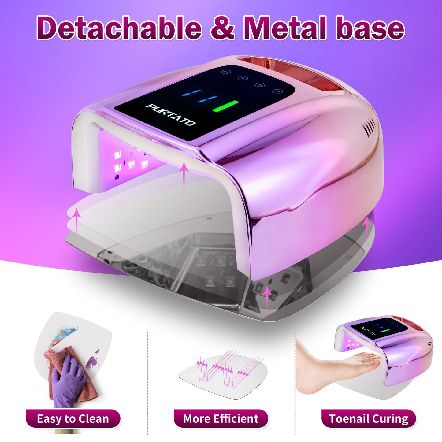 Purtato Professional Rechargeable 96W UV LED Portable Cordless UV Light for Nail Lamp Machine with Removable Stainless Steel Bottom,4 Timer Setting and Smart Sensor Nail Dryer (Gradient Purple)