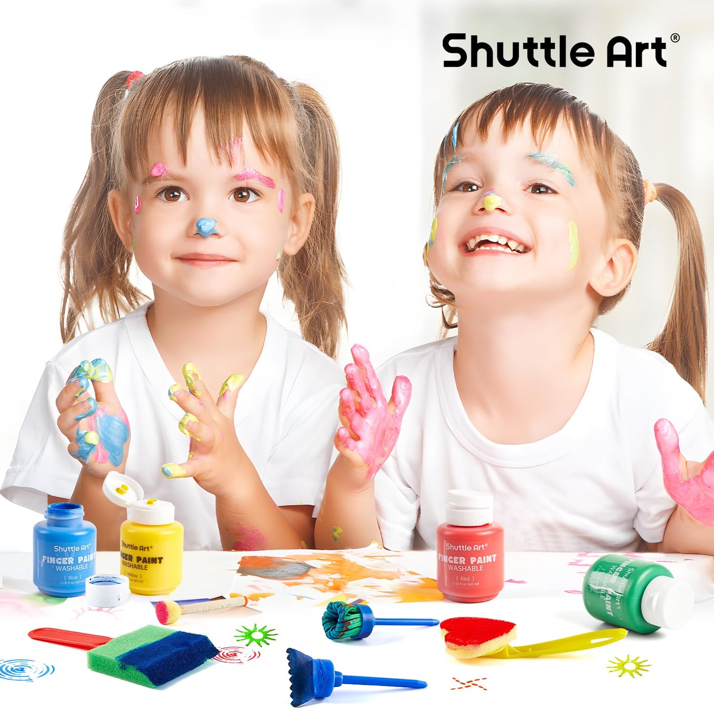 Shuttle Art Washable Finger Paint Set, 37 PCS with 10 Colors (2 fl oz) Non-Toxic Toddler Paint, Paint Brushes, Sponge, Smock, Toddler Art Supplies