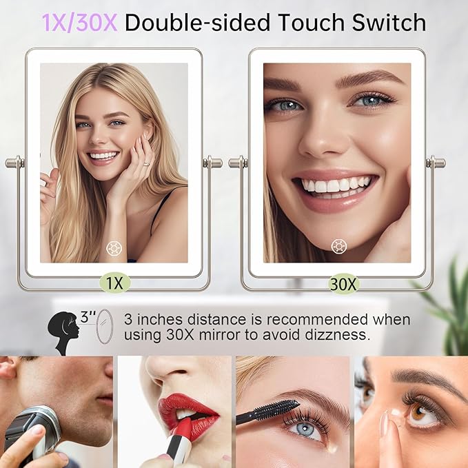 FASCINATE Rechargeable Wall Mounted Makeup Mirror with Lights, 8.7 Inch Double Sided Touch Switch 1X 30X Magnifying Bathroom Mirror, 3 Color Lights Touch Dimmable Extended Arm 360°Rotation (Nickel)