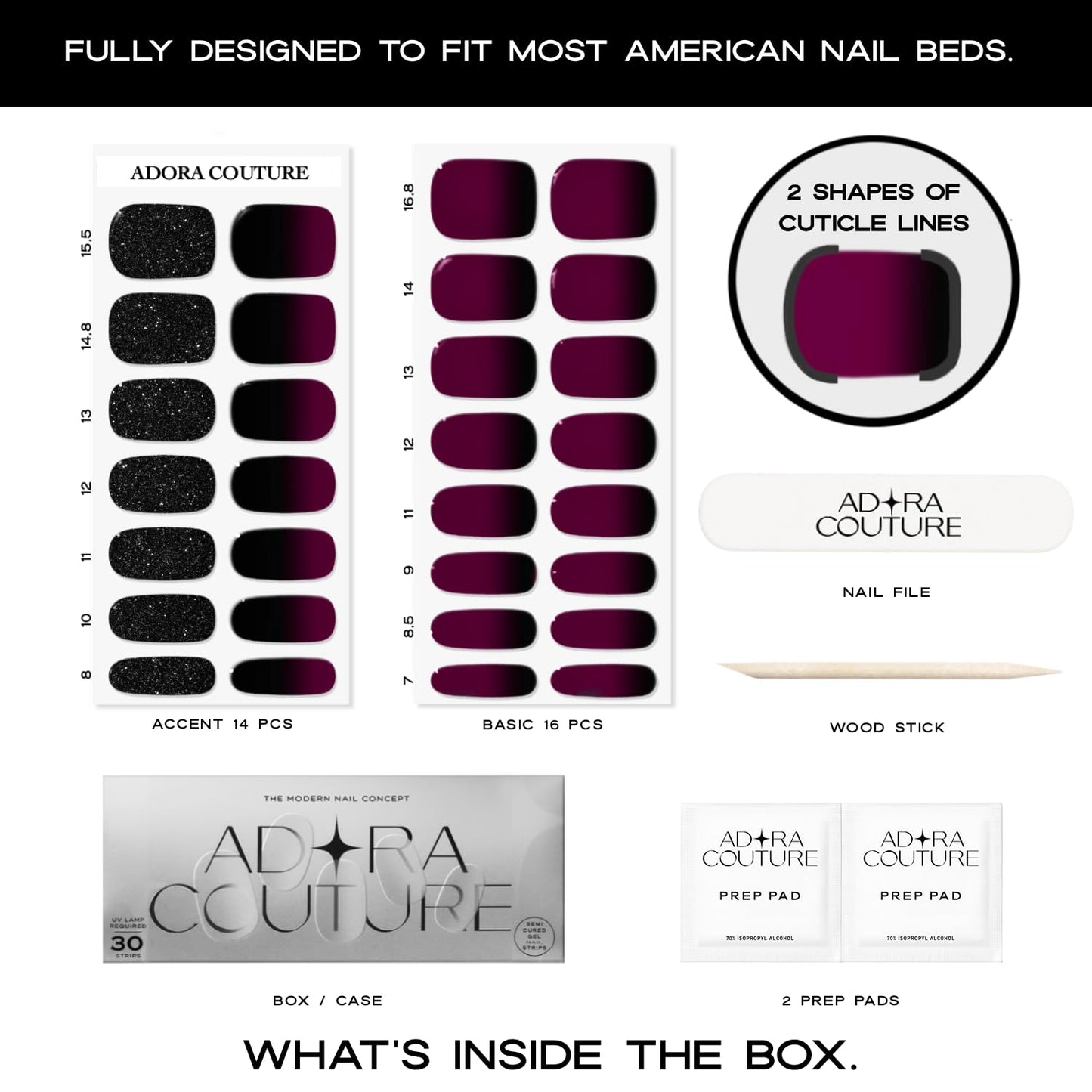 Adora Couture Semi Cured Gel Nail Strips with 30 Pieces - Salon Quality Manicure Kit for Women Easy Application Wraps Includes Prep Pads Nail File Wooden Stick, UV Light Required (Purple LA)