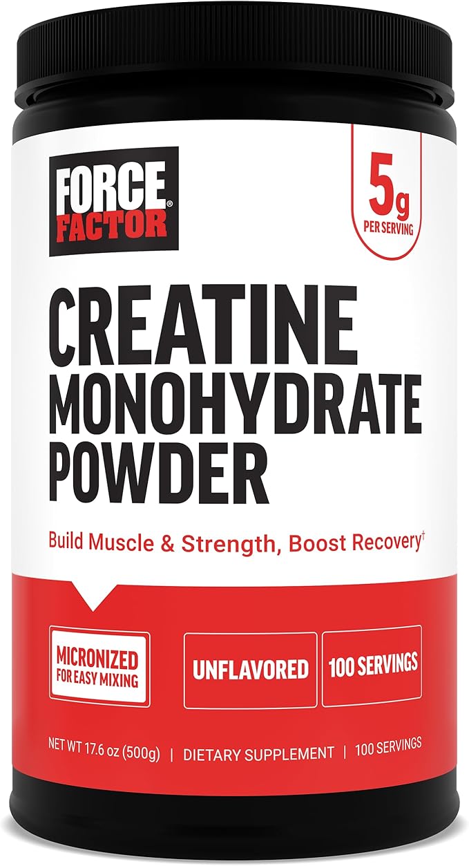 FORCE FACTOR Creatine Monohydrate Powder, Micronized Creatine for Muscle Growth, Strength & Recovery, Clinically Studied 5g Dose per Serving, Unflavored, 100 Servings