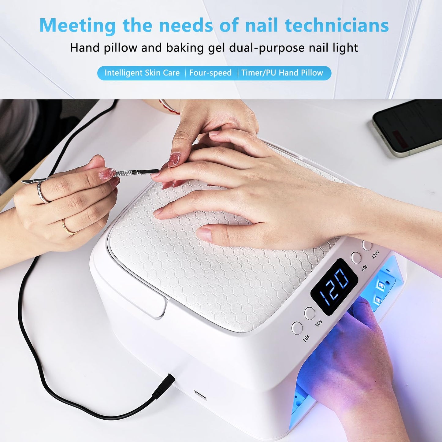JODSONE U V LED Nail Lamp with Hand Pillow Large Space for Salon Portable Handle Front and Rear Dual Display Professional Nail Lamp Fast Drying Gel Nail Polish