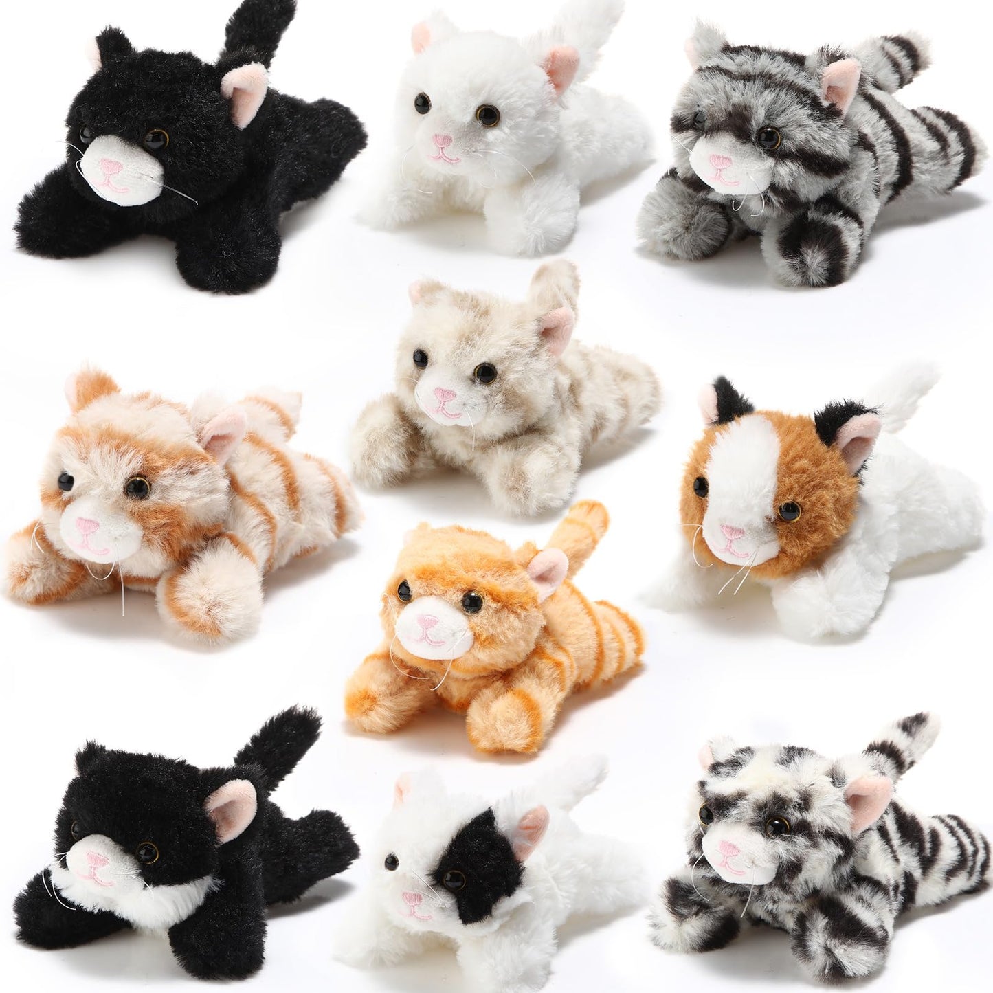 Lenwen 10 Pcs Cat Stuffed Animals Bulk Soft Cuddly Kitten Plush Sets Kittens Assorted Fluffy Stuffed Cats for Kiddos Birthday Gift Pet Party Favors Stuffers(Prone Style)