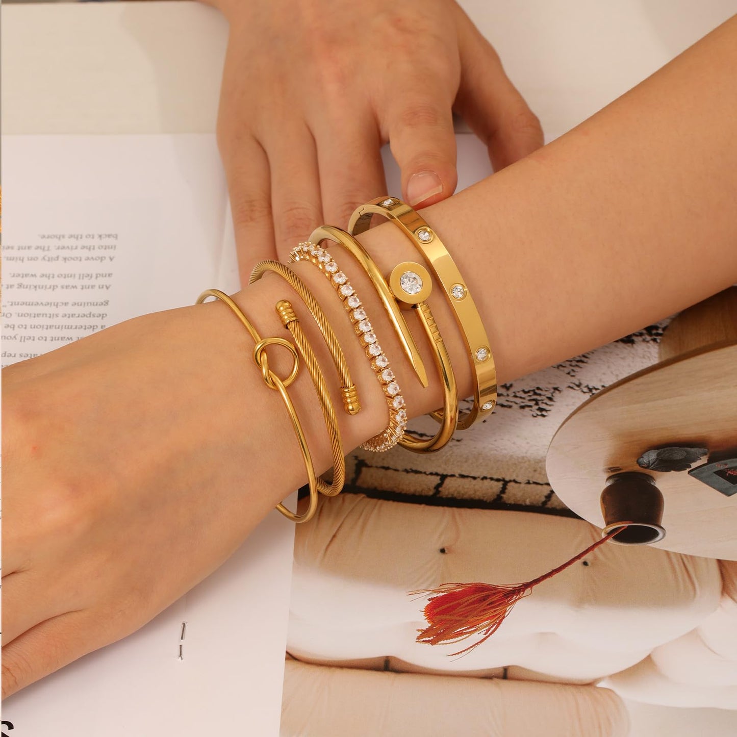 FAFUGA 18 K Gold Plated Love Bangle Bracelet Stack Cuff Jewelry for Women Jewelry Set for Women Gift with Box (style2)