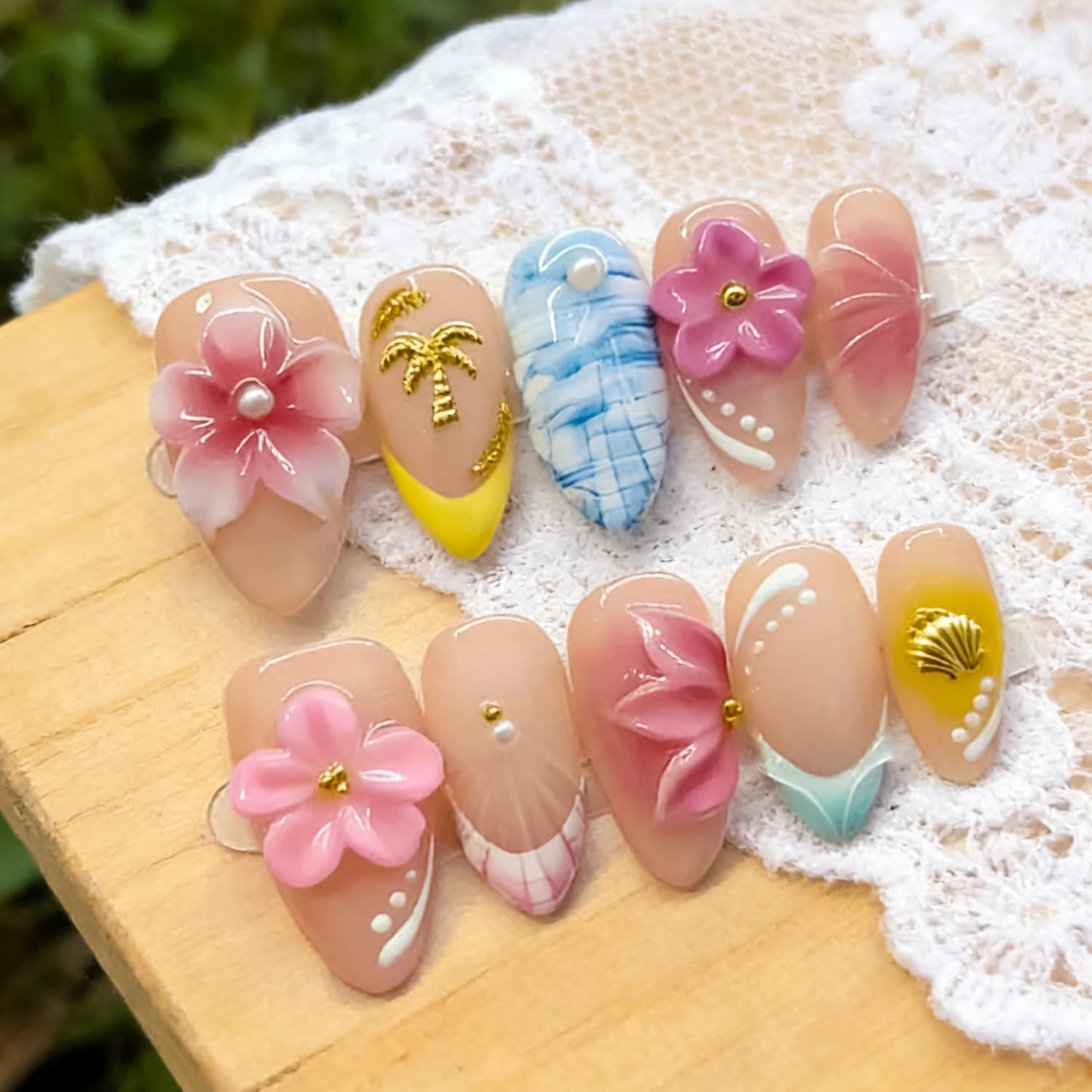 10 Pcs Handmade Press on Nails Medium Almond Thick Acrylic Nails with Glue,Tropical Art Fake Nails with Colorful Flowers Designs Nature Stick on Nail False Nails for Women(S)