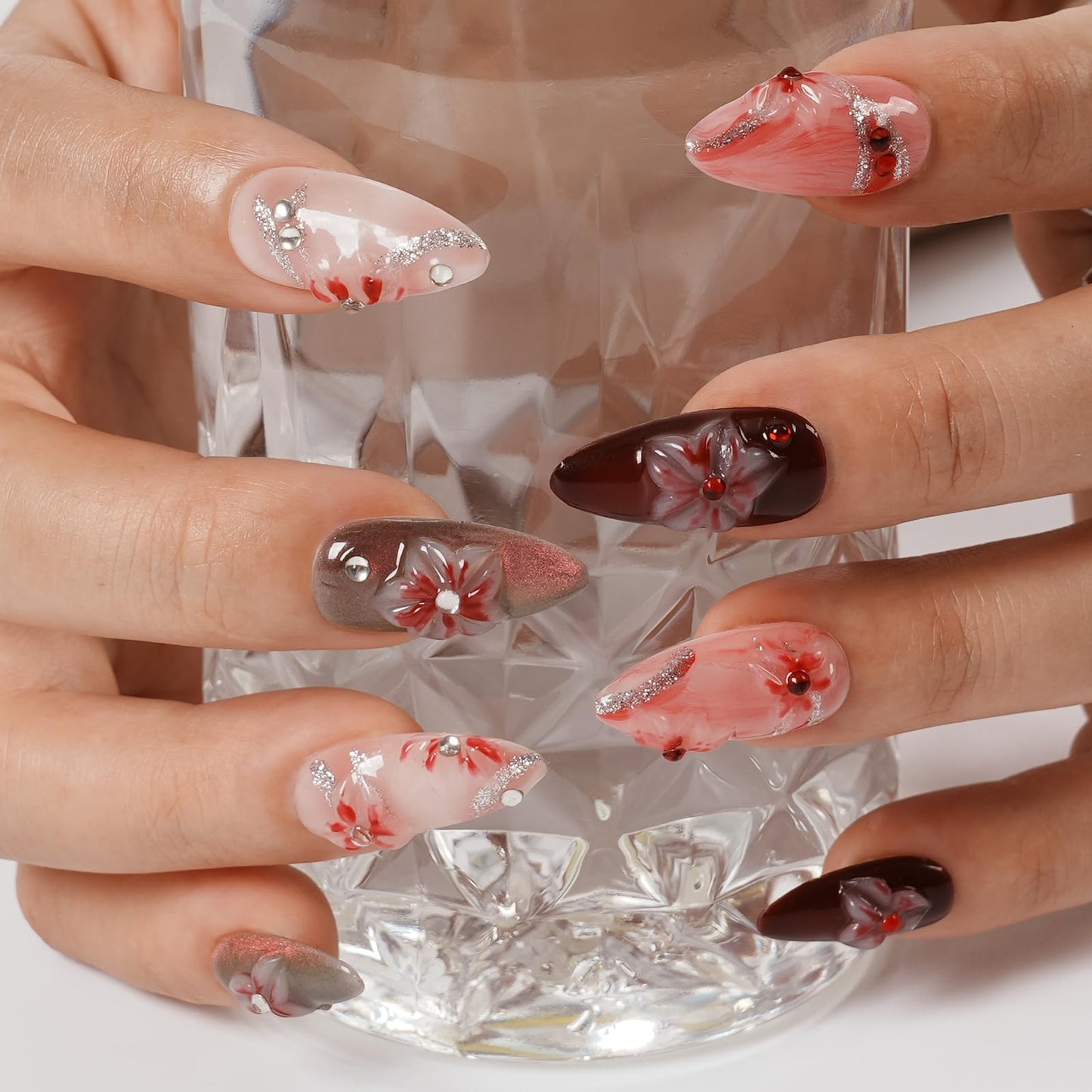 Tesytto Handmade Floral Press on Nails - Medium Almond 3D Embossed Rhinestones & Red Ombre, Thick Acrylic Gel Nails for Parties, Valentine's Day (Evil Flower,S)