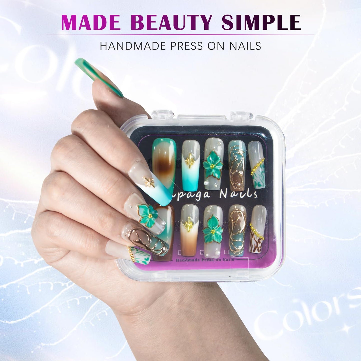 Vanpaga Handmade Square Coffin Press on Nails – Ocean Ombre Blue Bronze Nails with 3D Carved Flower & Gold Foil, Reusable Glossy Stick on Fake Nails, 10pcs Acrylic Nail Set with Tool Kit (Size M)
