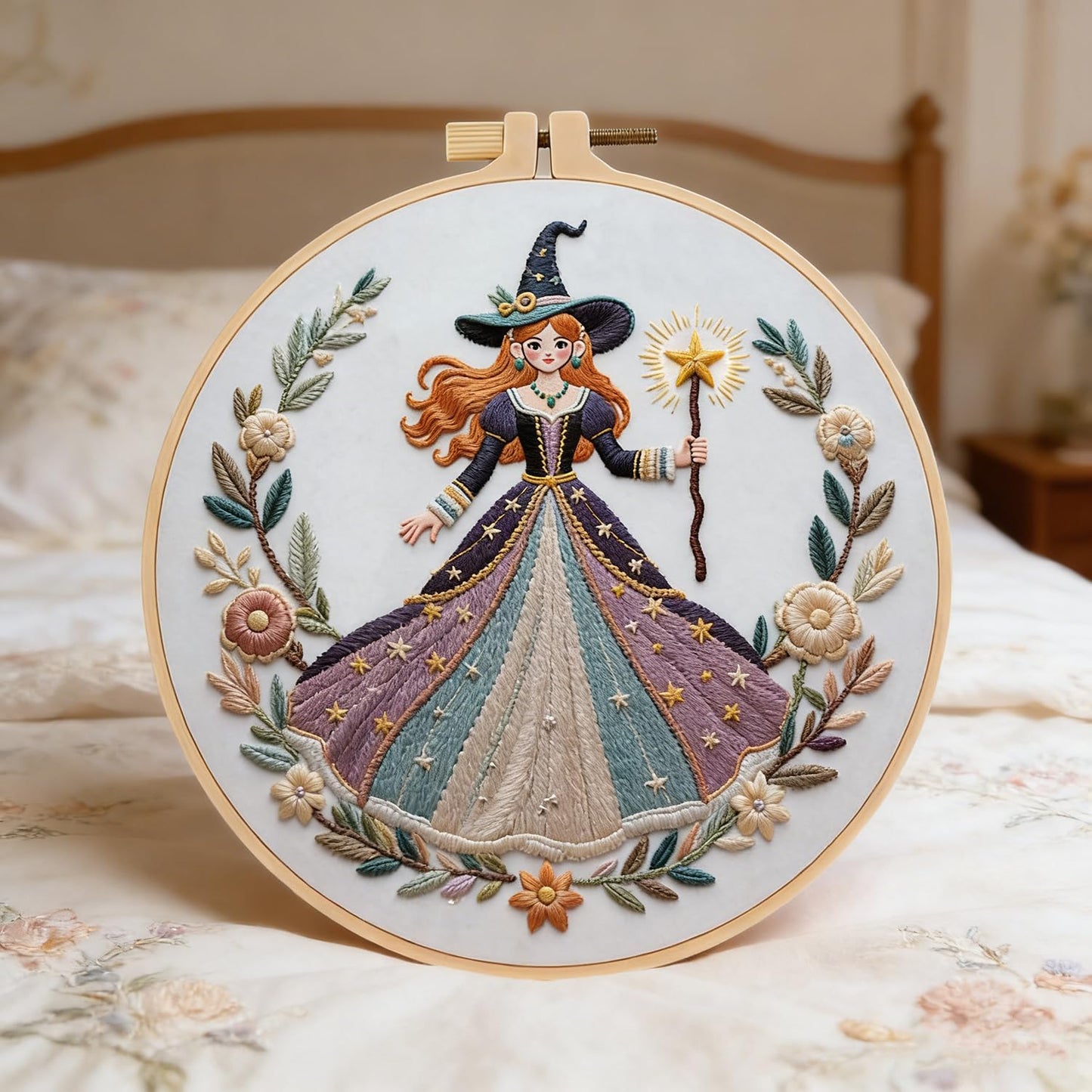JinyunDengtu Embroidery Kit for Beginners, 3-Pack Witch Themed Needlepoint Starter Set with 7.8" Bamboo Hoop, Pre-Printed Patterns & Full Supplies, DIY Art Craft Kits for Adults & Teens (Gift-Ready)