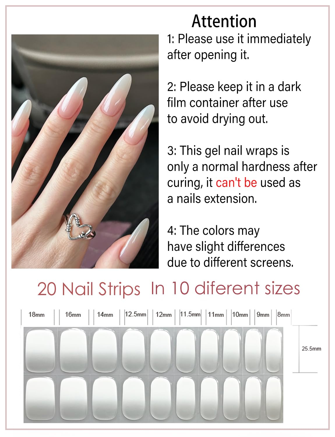 UV Gel Nail Stickers, Milky Ombre 20pcs Semi Cured Gel Nail Strips, Wraps for Home Manicure DIY