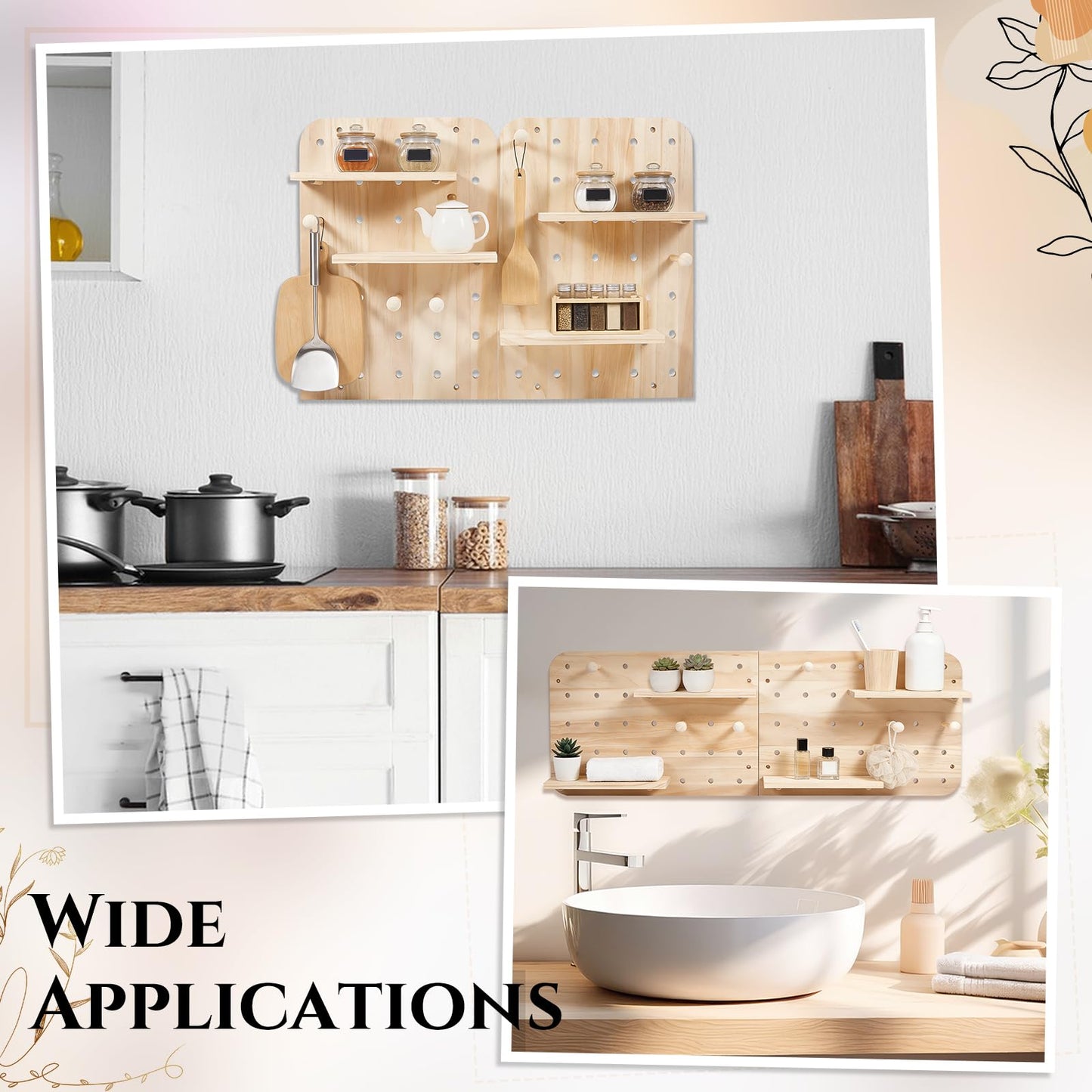 GLASSWINDS Wood Pegboard Wall Organizer Combination Kit, 2 Office Peg Board Panels with 18 Accessories, Modular Display DlY Storage Crafts Organization Wall Hooks Shelf for Bedroom Study Home