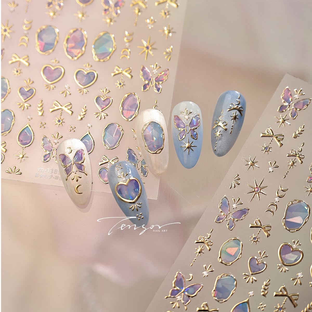 5D Embossed Gold Butterfly Heart Nail Stickers, Holographic Gem Nail Decals, Shiny Celestial Nail Art Supplies for Women Nails Decorations