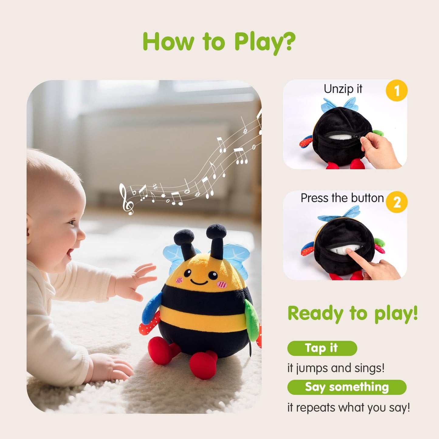 hahaland Baby Toy for 6 + 12 18 Months – Crawling Musical Dancing Bouncing Learning Bee Plush, Interactive Tummy Time Toy for 1 2 3 Year Old Boys Girls Baby Easter Basket Stuffers