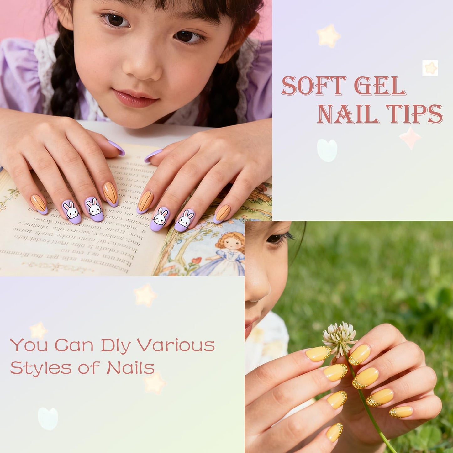 OPkssnails Extra Short Almond Kid Nail Tips,360Pcs Soft Gel Nail Tips Pre-Shaped Press On Nails For Kids,Clear Acrylic Half Matte Full Cover Fake Nail For Kids DIY Extension & Salon Use12 Sizes