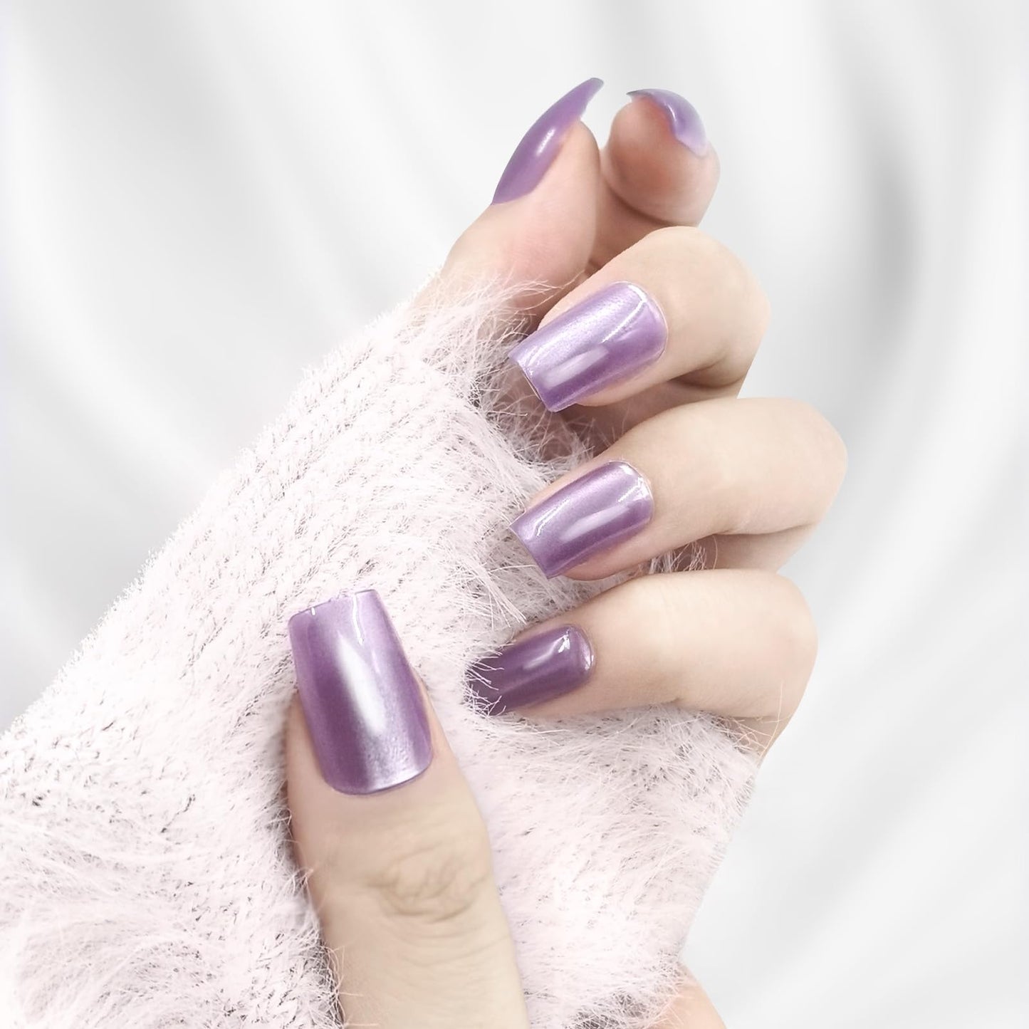 YOYfinee 24Pcs Press on Nails Medium—Short Square Fake Nails Magnetic Cat's Eye Nails. Purple(12)
