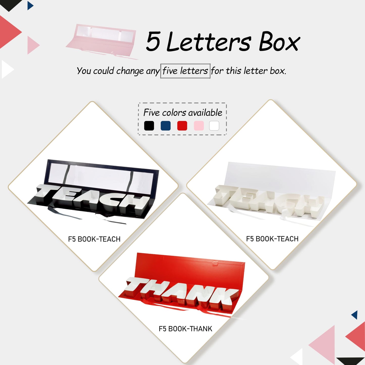 Geoto 25.7"x6"x2" Pink/Red/White/Black/Navy Blue Creative Teachers' Day Cardboard Gift Packaging Idea Fillable TEACH Letter Shaped Gift Boxes(White with Window)
