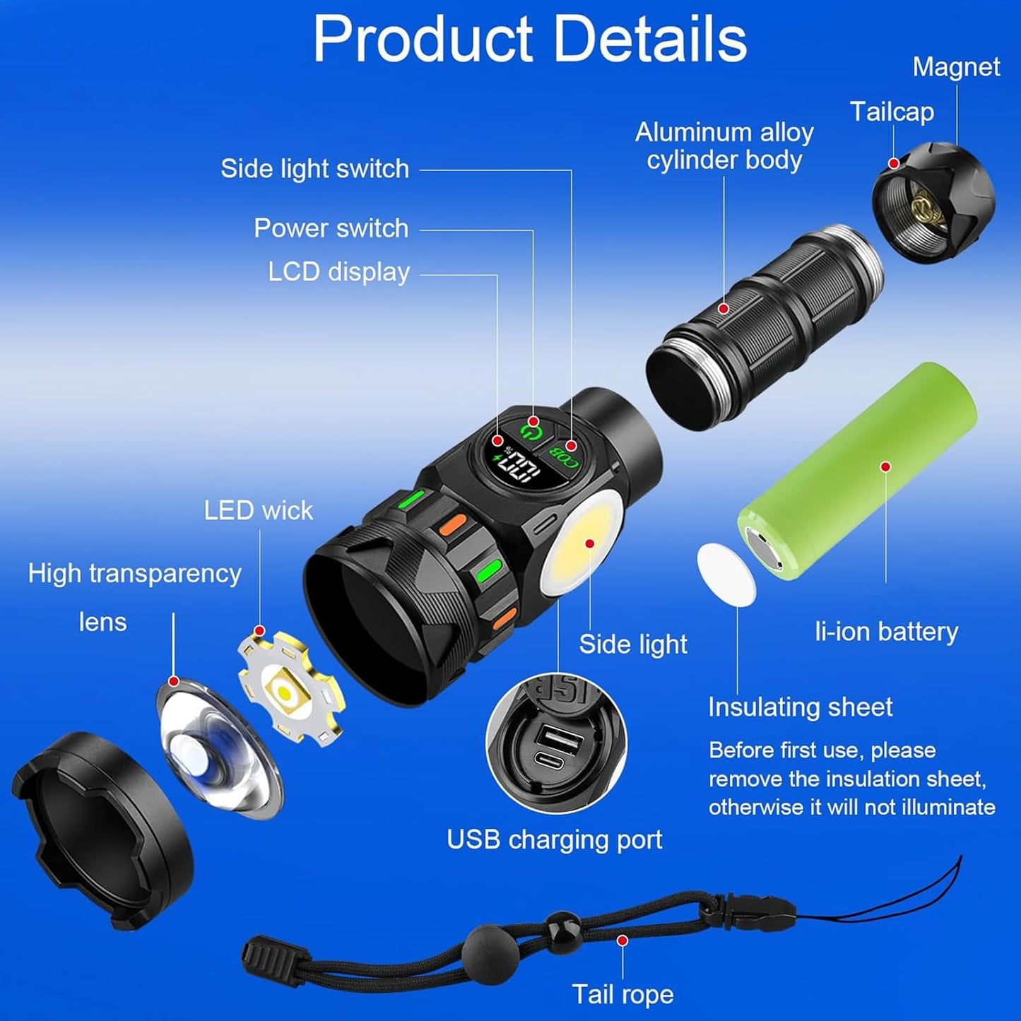 Rechargeable Flashlights High Lumens 5000 Long Distance, Super Bright LED Flash Lights with COB Sidelight USB C LCD Display, Daul Light Source & Buttons with Red Light, for Camping Hiking Emergency