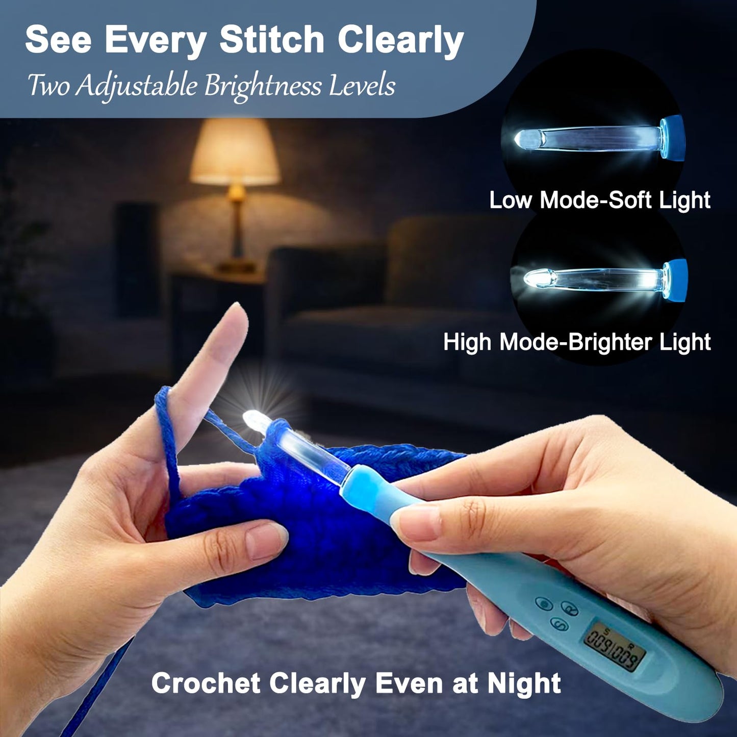 Light Up Crochet Hooks Set with Digital Stitch/Row Counter,18 Interchangeable Hooks (2.0–14.0 mm), Ergonomic Comfort Grip,Dual Light Modes with a Storage Case – A Perfect Gift for Crocheters