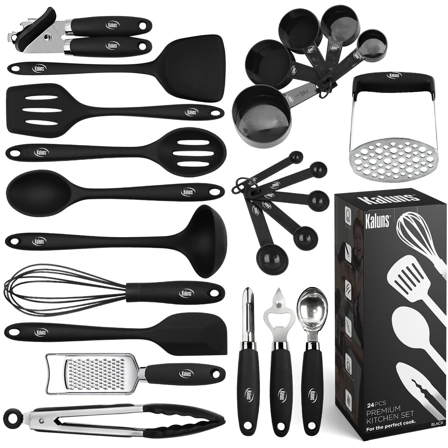 Kaluns Silicone Kitchen Utensils Set 24 Pcs Silicone Cooking Utensils Set - Can Opener, Masher, Turner, Spatula 446°F Heat Resistant Non-Stick - Premium Utensil Set
