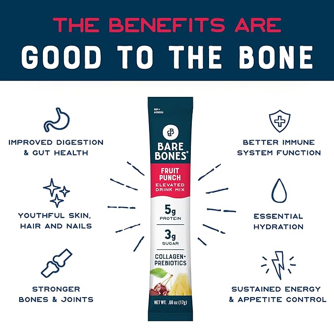 Bare Bones Fruit Punch Elevated Drink Mix | Collagen & Prebiotics | Gluten-Free & Naturally Sweetened | On-the-Go Stick Single-Serve Packs Powdered Refreshment | 5g Protein | 16 Packets (.60 oz)