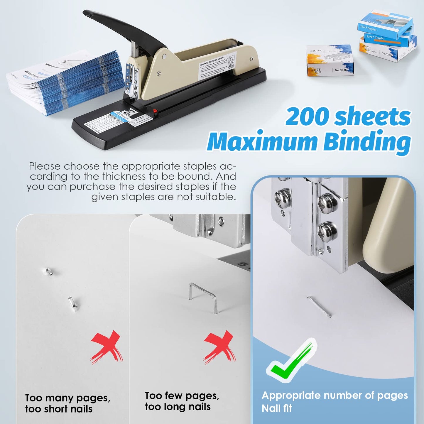 Frifreego Long Reach Stapler, Heavy Duty Long Arm Stapler, 200 Sheets Capacity, 4000 Staples Gift, 9.84” Adjustable Stapling Depth Suitable for Booklets & Office Document, Fixable Paper Guide