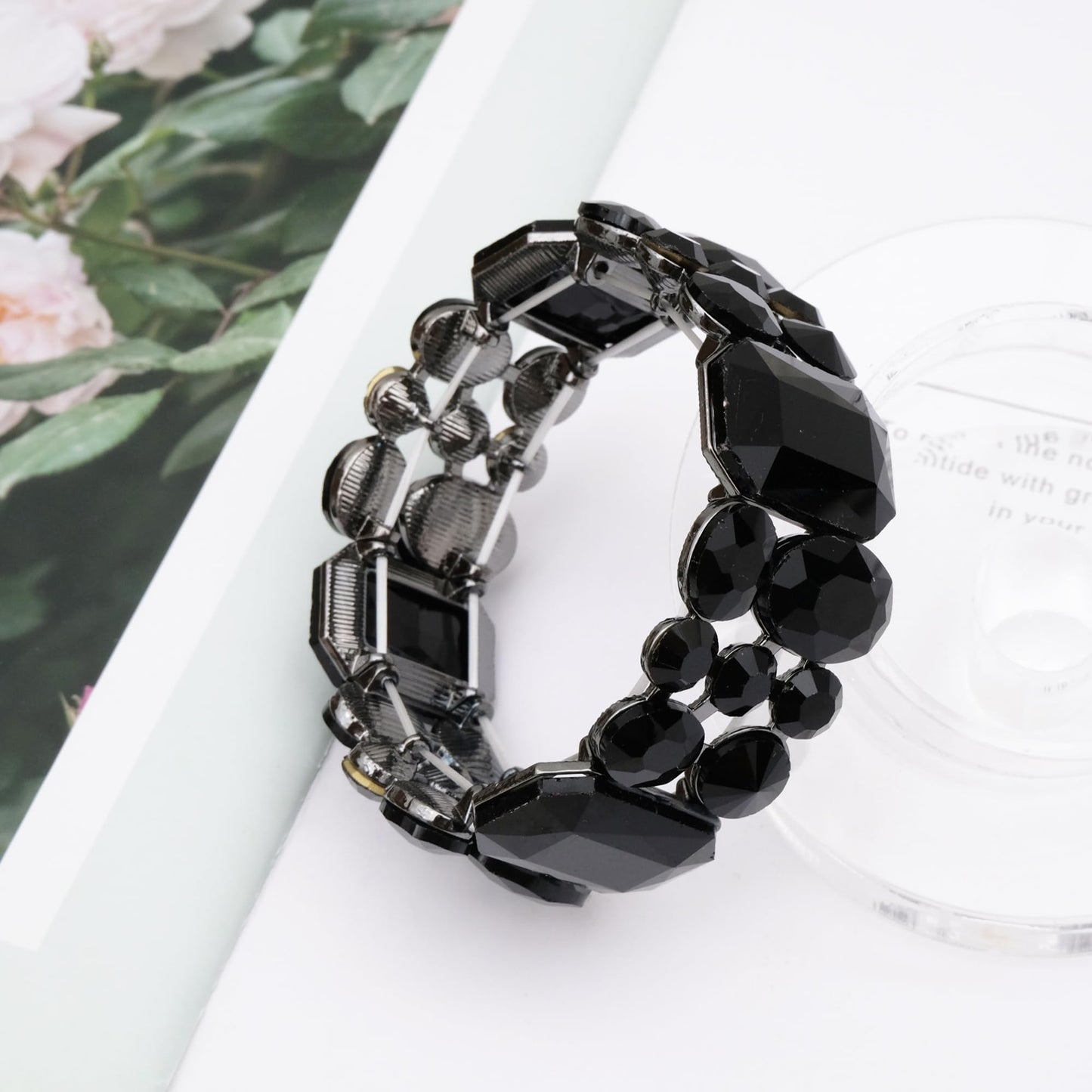 CSY Women's Statement Stretch Wide Bangle Bracelets Austrian Crystal Art Deco Elastic Bracelet for Party Prom (black crystal)
