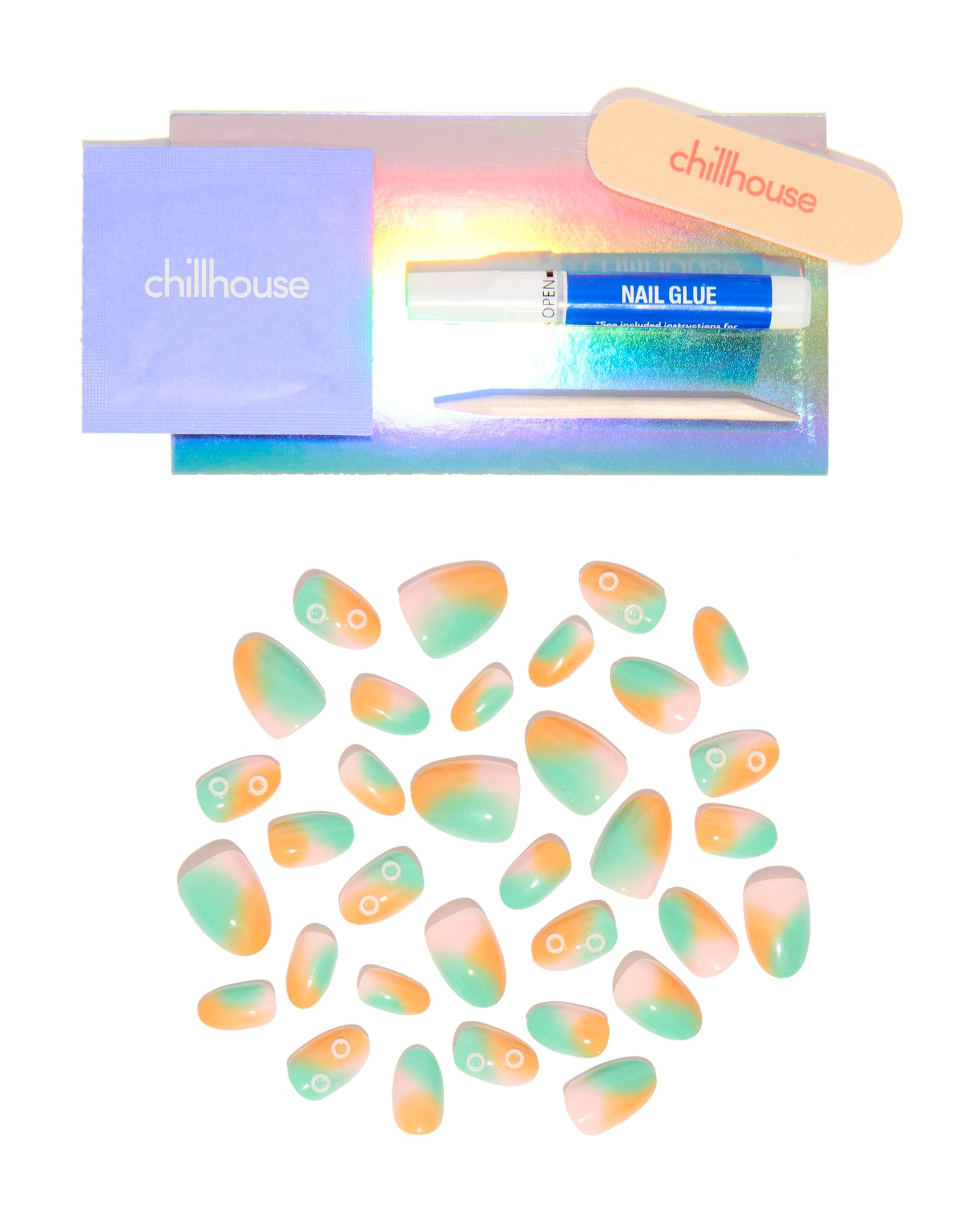 Chillhouse Chill Tips Signatures Press On Nails Kit, OTC Chill - 30 Nail Shapes & Sizes, Dual-Sided Buffer & File, Cuticle Stick & Glue - Long-Lasting Nail Art Manicures