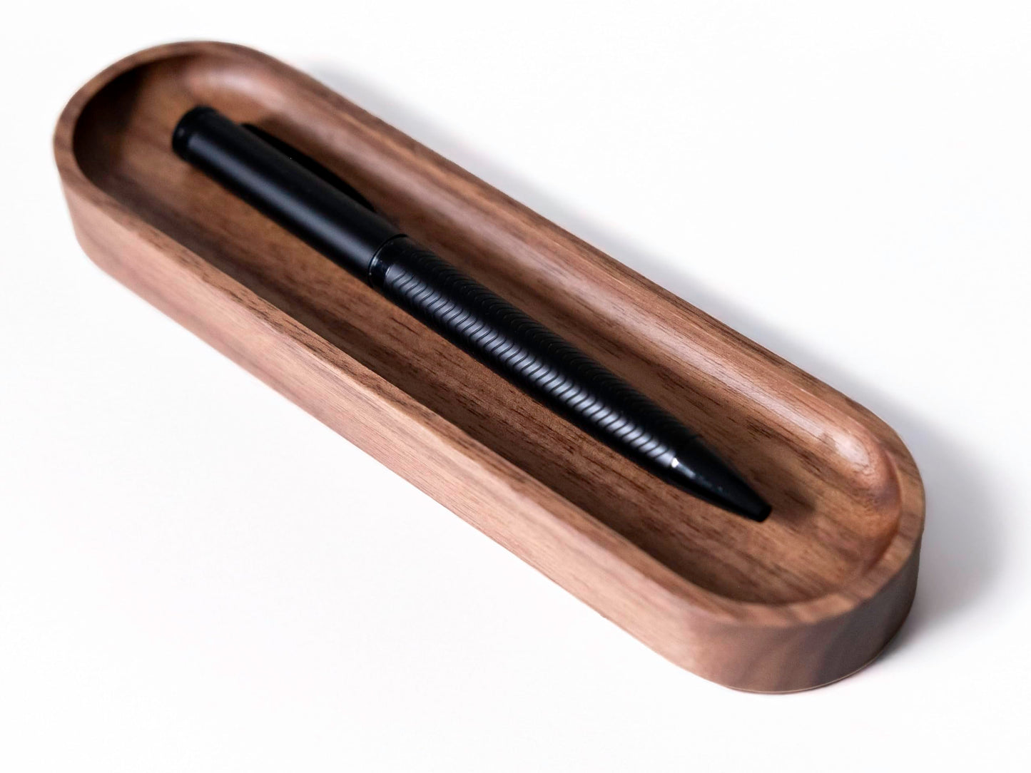 Timber Box Design Walnut Wood Pen Tray, Minimalist Oval Wooden Pencil Holder, Office Desk Organizer, Writing Instrument Rest, Work Student Teacher Gift