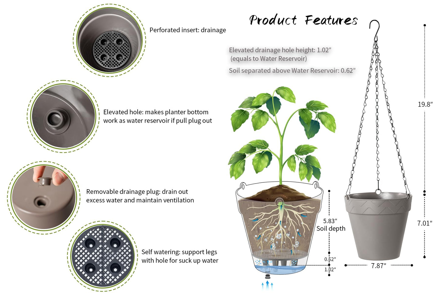 Melphoe Hanging Planter for Indoor Plants Self Watering, 8 Inch 3 Pack Plant Holder Hanging Flower Pots Outdoor Basket with Perforated Insert and Drainage Holes (Grey)
