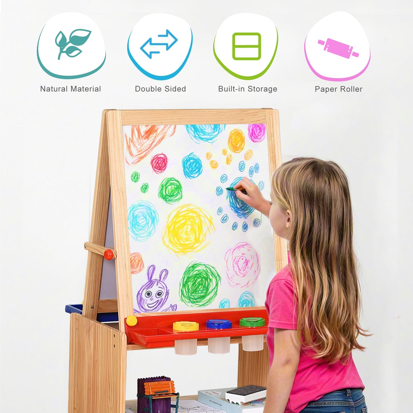Bolocon Dual-Sided Magnetic Art Easel, Wooden Activity Station w/ 2-Tier Storage Cabinet, Art Center for Toddlers, Classroom Whiteboard & Chalkboard