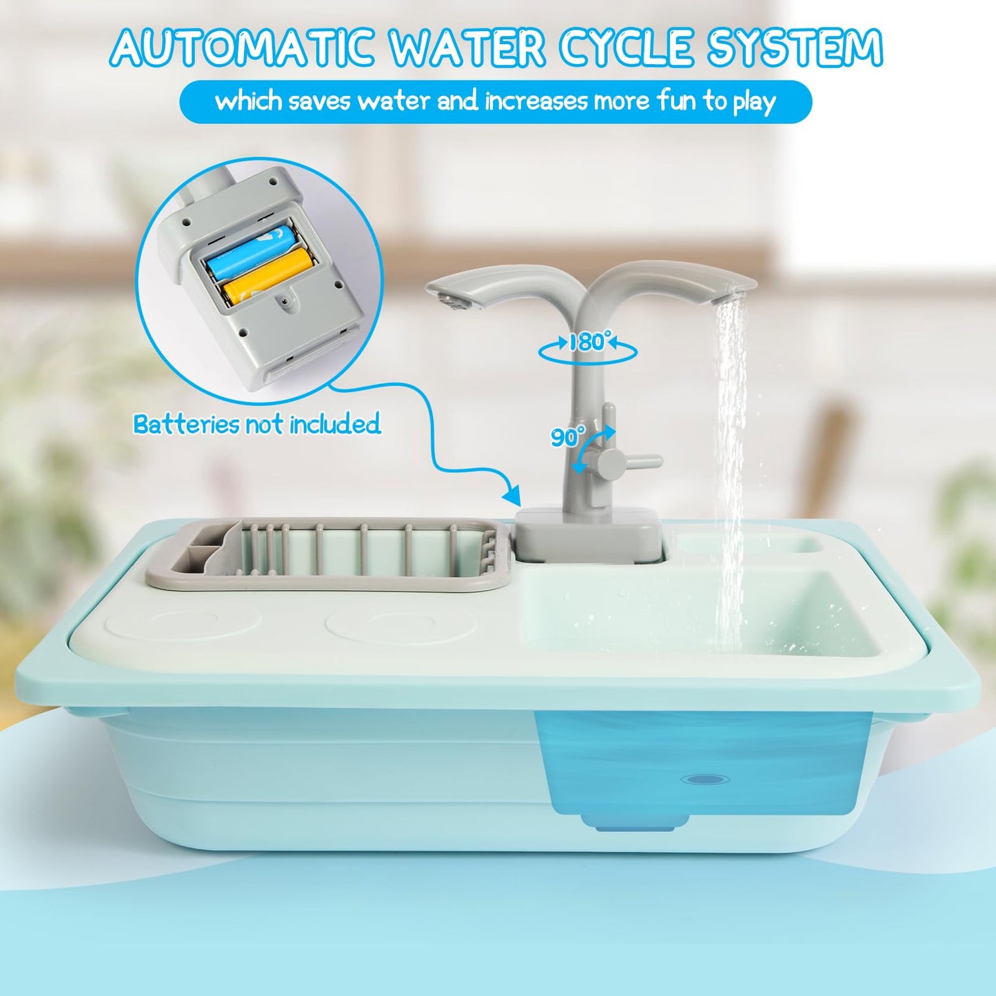 Asweets Color Changing Kitchen Sink Toys, Toddler Sink Toys with Running Water, Pretend Play Toys with Upgraded Faucet, Automatic Water Cycle System (Blue)