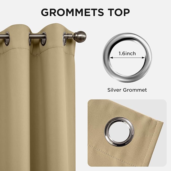 Joydeco Blackout Curtains 63 Inch Length 2 Panels Set, Thermal Insulated Long Curtains & Drapes 2 Burg, Room Darkening Grommet Drapes for Bedroom Living Room Windows (W42 x L63 Inch, Beige)