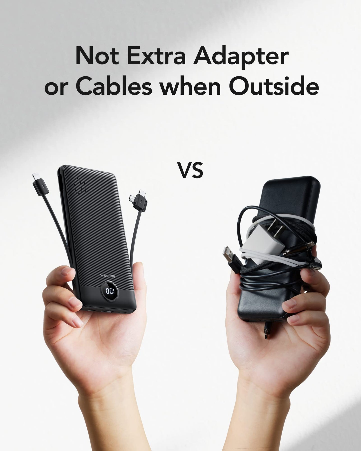 VEGER Portable Charger with Built-in AC Plug and Cables, All in One 10000mAh Ultra Slim Power Bank Travel Essentials, Fast Charging Battery Pack Compatible with iPhone, Samsung, Android (Black)